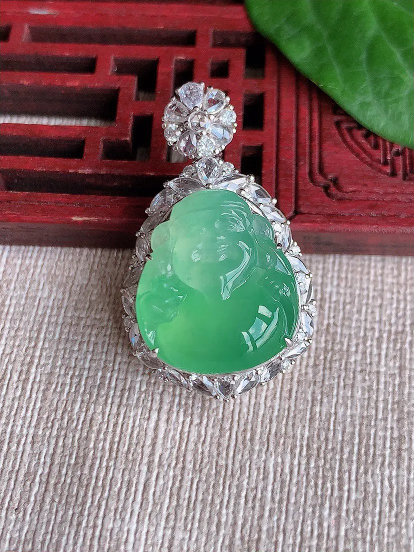 缅甸a货翡翠ddj老坑冰种18K金镶嵌甜绿财神爷吊坠 整体33.8×20.4×13.3裸石18.3×16.4mm 10.46