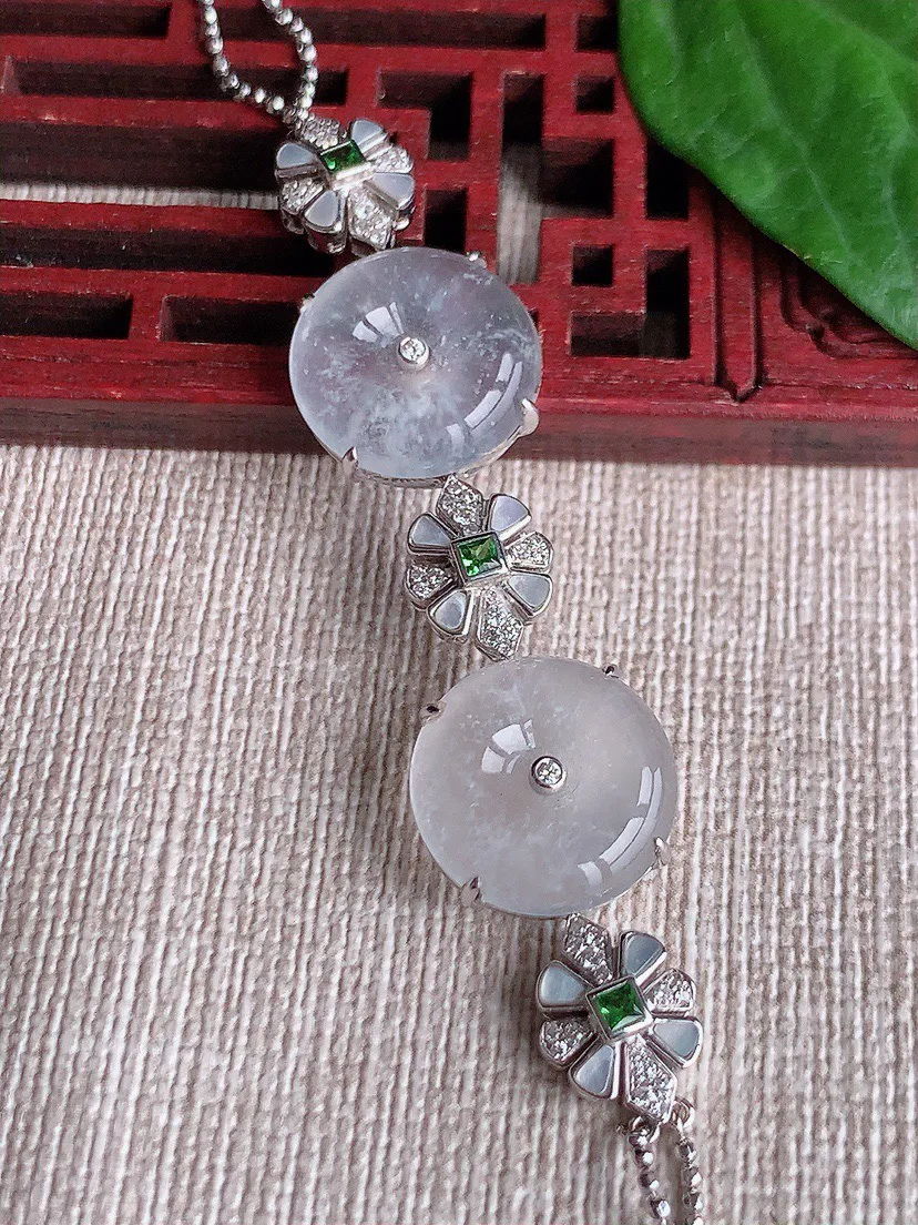 缅甸a货翡翠ddj老坑高冰种18K金镶嵌白月光平安扣手链 14×4.4mm 8.66