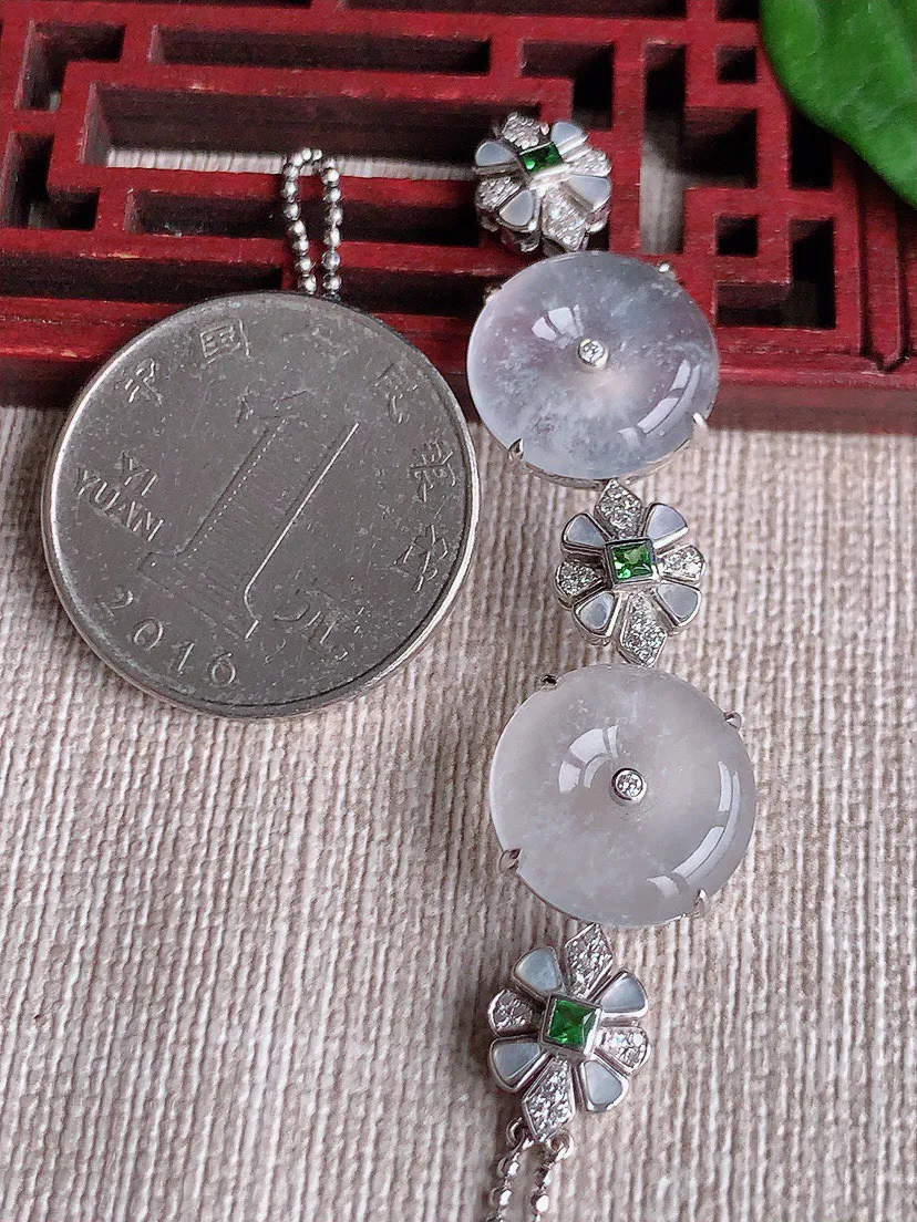 缅甸a货翡翠ddj老坑高冰种18K金镶嵌白月光平安扣手链 14×4.4mm 8.66