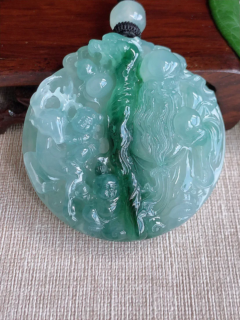 缅甸a货翡翠ddj老坑冰种飘花寿星翁吊坠 整体53.7×53×12.3mm 65.08