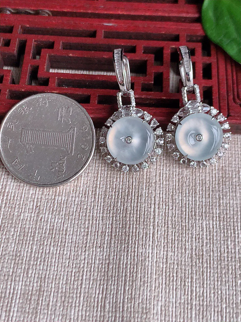 缅甸a货翡翠ddj老坑冰种18K金镶嵌白月光平安扣耳坠 整体11.8×6.5mm 6.68