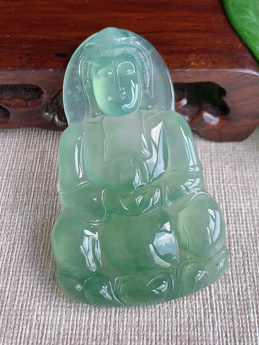 缅甸a货翡翠ddj老坑冰种晴水正装观音吊坠 整体63×37.5×5.7mm 23.69