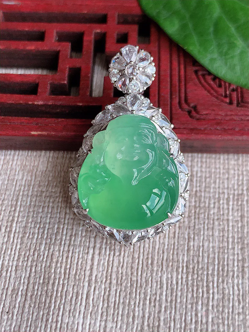 缅甸a货翡翠ddj老坑冰种18K金镶嵌甜绿财神爷吊坠 整体33.8×20.4×13.3裸石18.3×