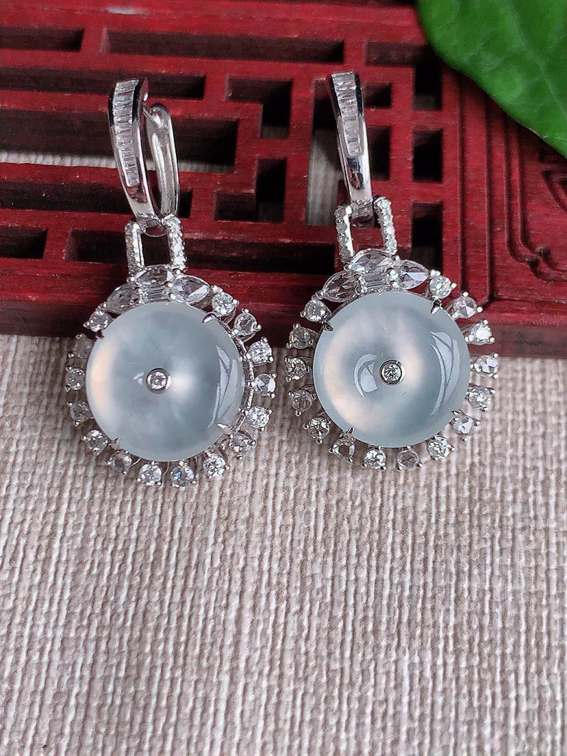 缅甸a货翡翠ddj老坑冰种18K金镶嵌白月光平安扣耳坠 整体11.8×6.5mm 6.68