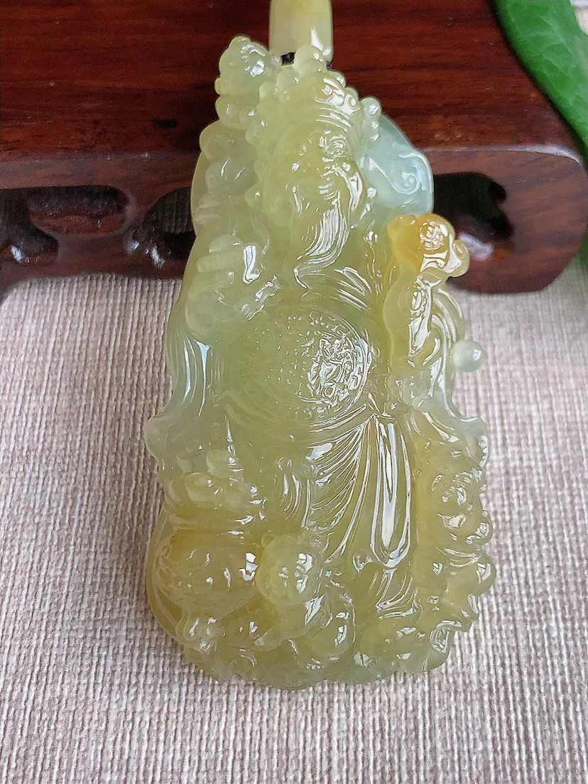 缅甸a货翡翠ddj老坑冰种黄翡财神爷吊坠 整体67.5×37.8×16mm 63.55