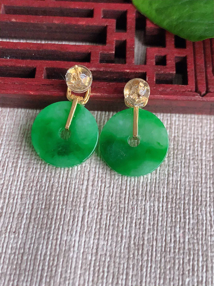 缅甸a货翡翠ddj老坑冰种18K金镶嵌飘阳绿平安扣耳坠  整体13.6×2mm 2.83