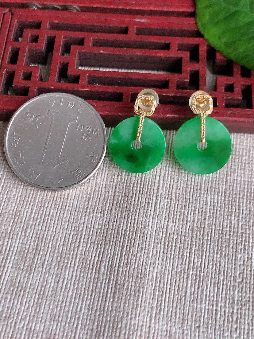 缅甸a货翡翠ddj老坑冰种18K金镶嵌飘阳绿平安扣耳坠  整体13.6×2mm 2.83