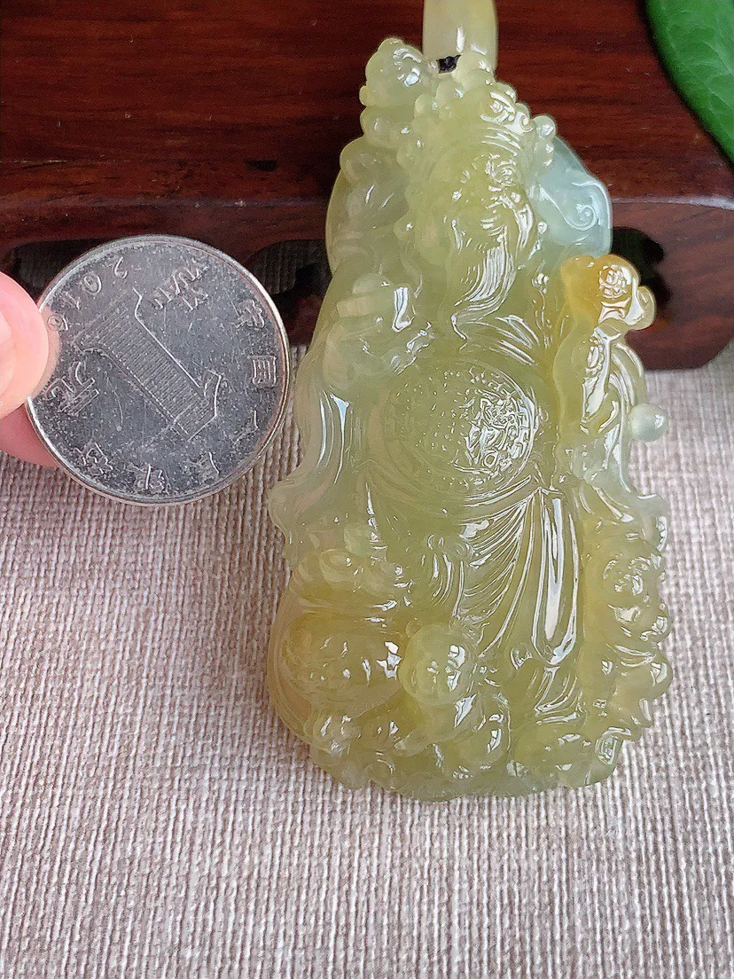 缅甸a货翡翠ddj老坑冰种黄翡财神爷吊坠 整体67.5×37.8×16mm 63.55