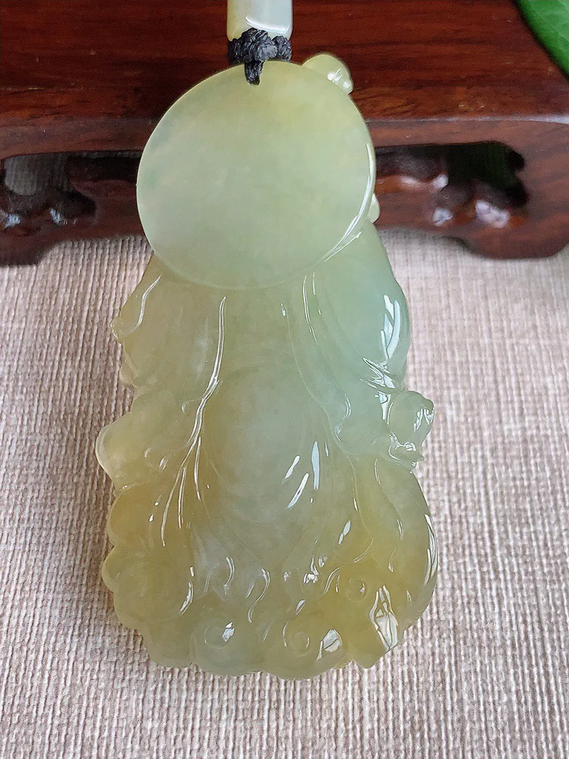 缅甸a货翡翠ddj老坑冰种黄翡财神爷吊坠 整体67.5×37.8×16mm 63.55