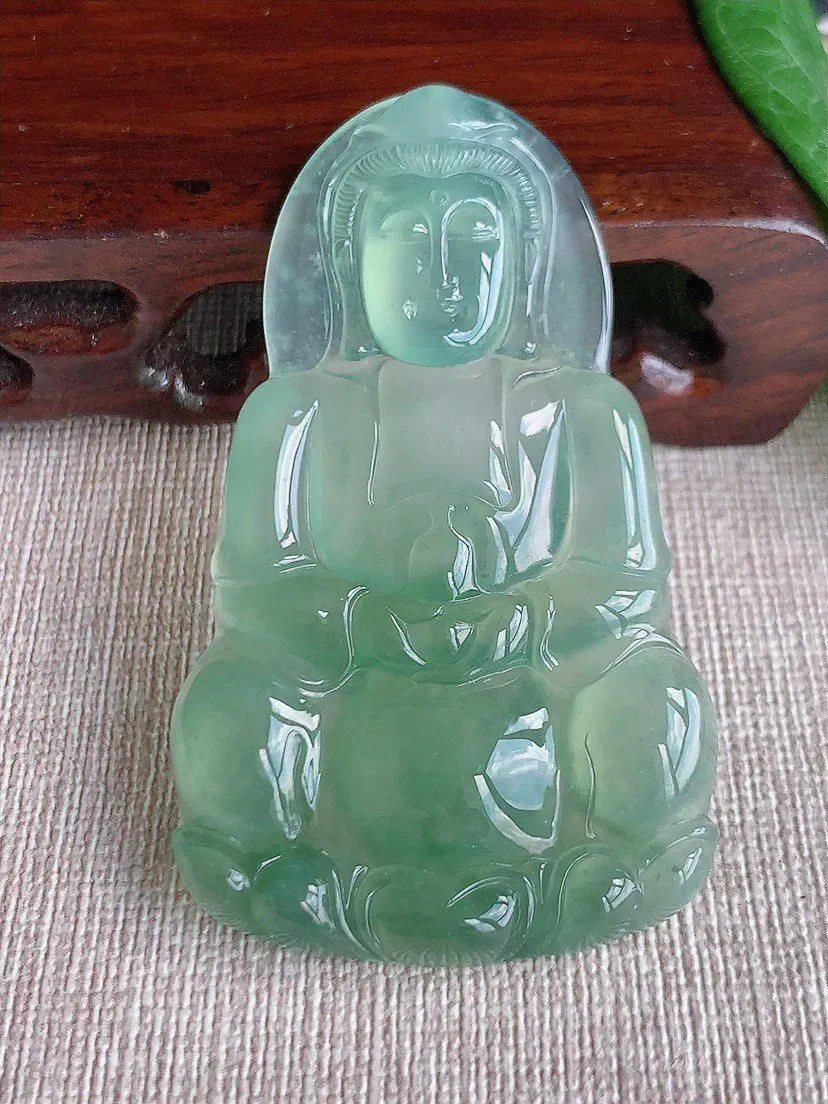 缅甸a货翡翠ddj老坑冰种晴水正装观音吊坠 整体63×37.5×5.7mm 23.69