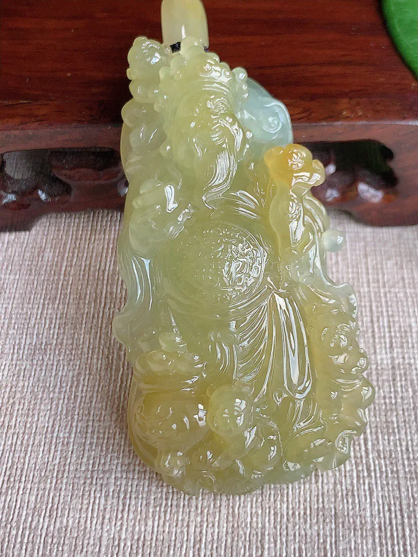 缅甸a货翡翠ddj老坑冰种黄翡财神爷吊坠 整体67.5×37.8×16mm 63.55