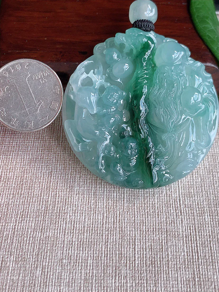 缅甸a货翡翠ddj老坑冰种飘花寿星翁吊坠 整体53.7×53×12.3mm 65.08