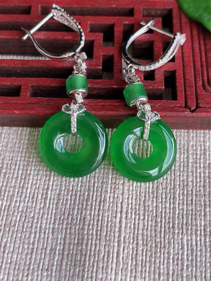 缅甸a货翡翠ddj老坑冰种18K金镶嵌阳绿平安环耳坠 整体13.8×2.8mm 4.20