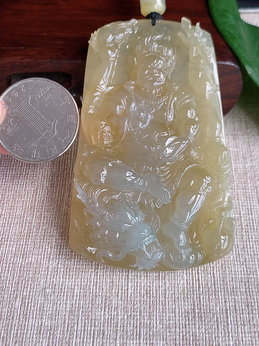 缅甸a货翡翠ddj老坑冰种黄翡不动明王吊坠 整体75.6×45.5×10.4mm 71.50