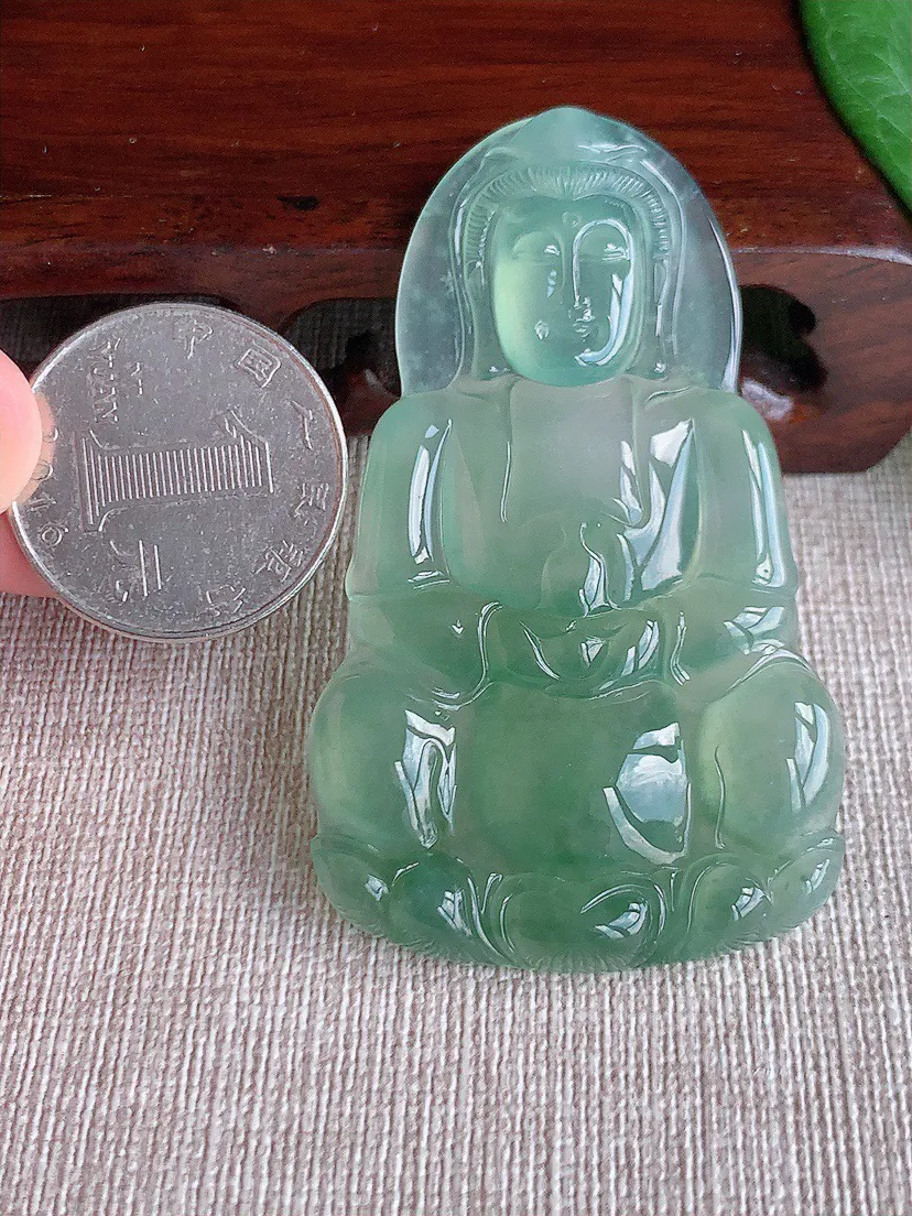 缅甸a货翡翠ddj老坑冰种晴水正装观音吊坠 整体63×37.5×5.7mm 23.69