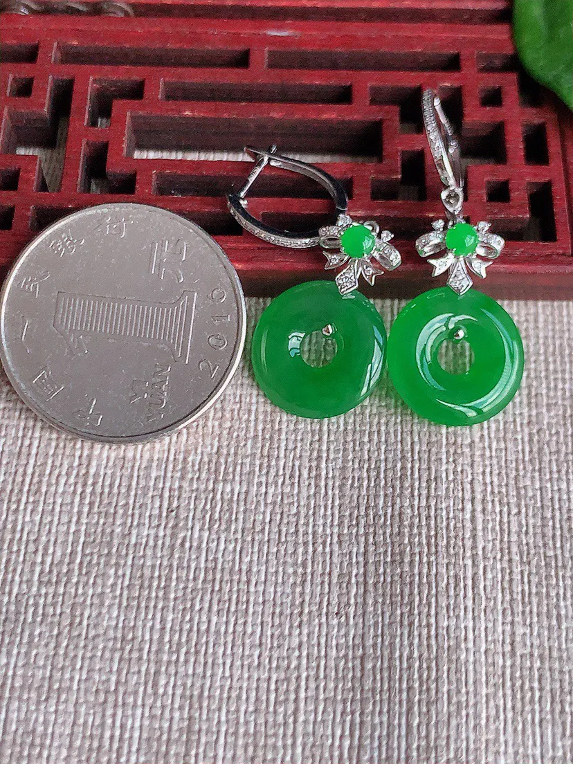 缅甸a货翡翠ddj老坑冰种18K金镶嵌阳绿平安环耳坠 整体14×2.8mm 4.05