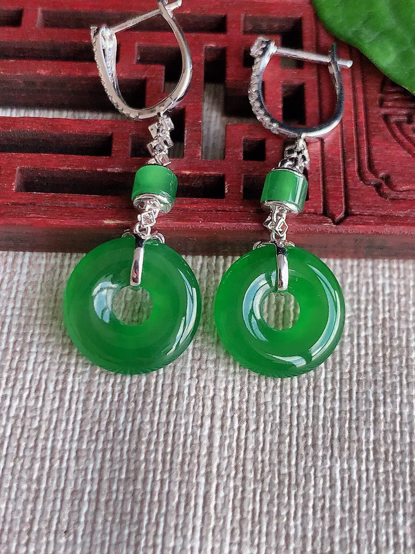 缅甸a货翡翠ddj老坑冰种18K金镶嵌阳绿平安环耳坠 整体13.8×2.8mm 4.20