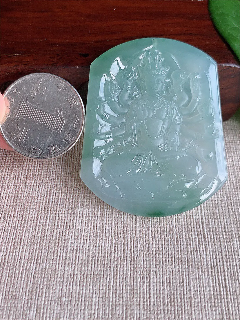 缅甸a货翡翠ddj老坑冰种飘花一刀切千手观音吊坠 整体51.2×41.3×5.4mm 26.74