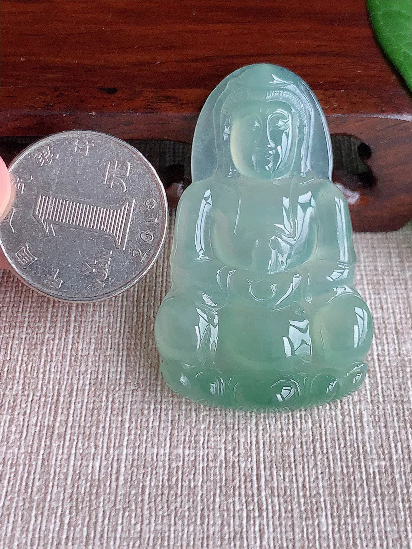 缅甸a货翡翠ddj老坑冰种晴水正装观音吊坠 整体50×30.4×5.6mm 15.80