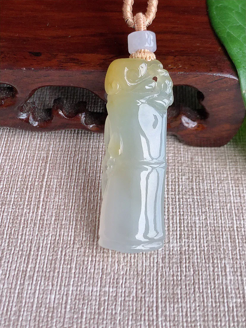 缅甸a货翡翠ddj老坑冰种飘黄翡竹节节节高升吊坠 整体42.3×14.5×5.6mm 9.80