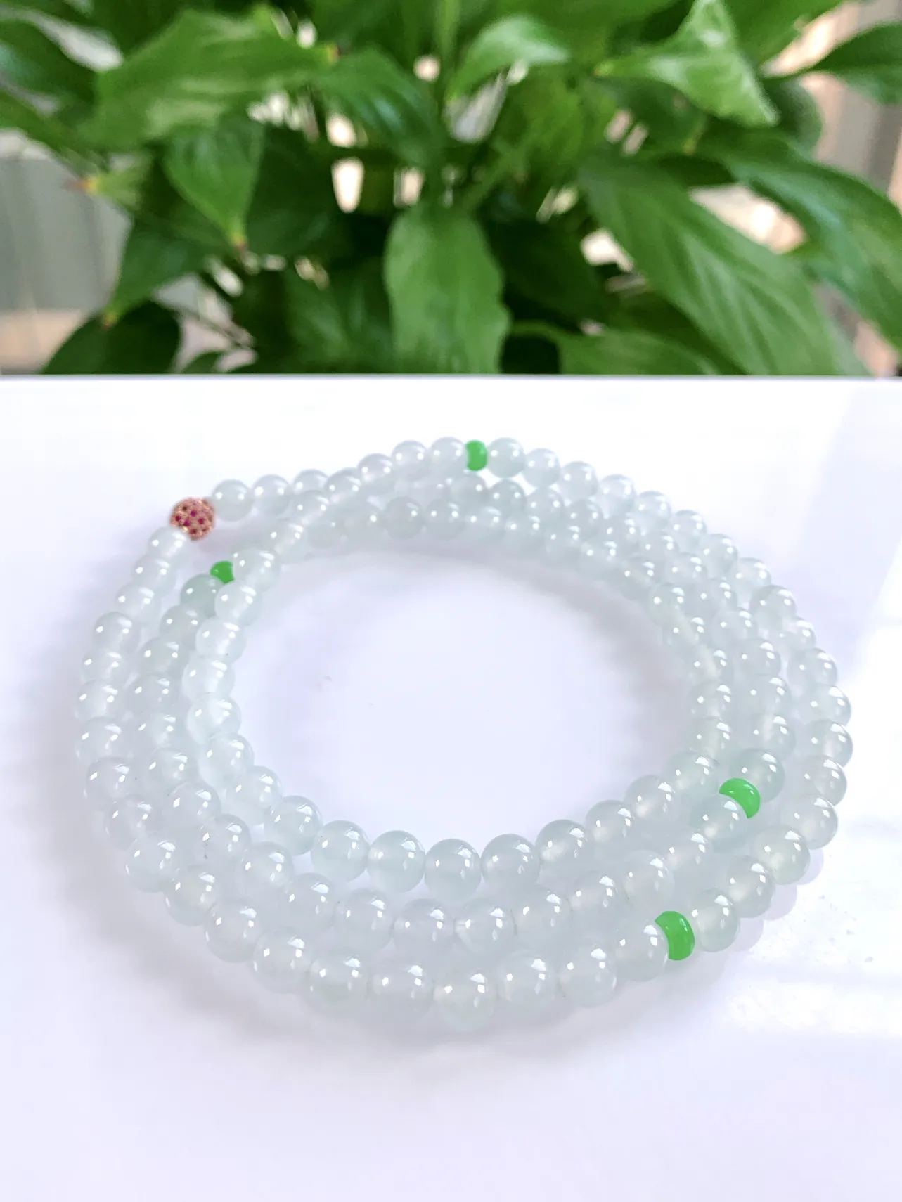 缅甸天然翡翠A货，冰种起光起胶双彩圆珠项链手链，尺寸：圆珠6mm/112颗，长度660mm,重量：4