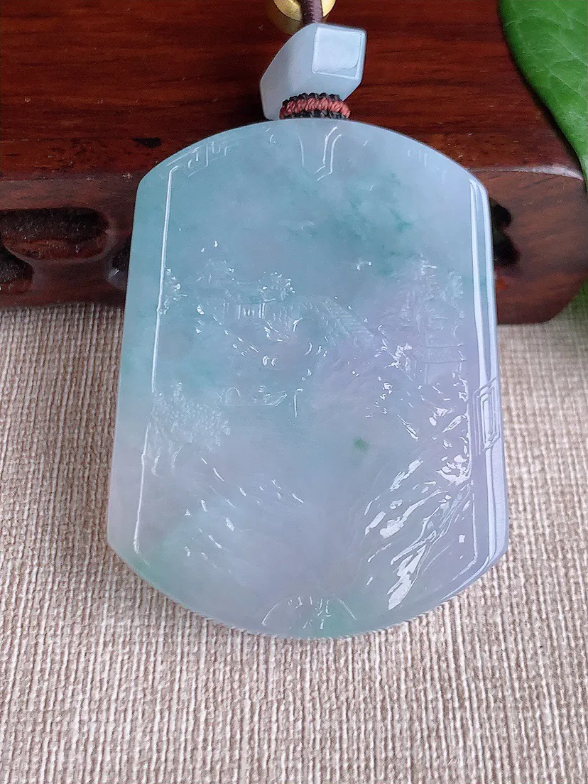 缅甸a货翡翠ddj老坑冰种紫罗兰飘花意境山水牌吊坠 整体52.7×40×5.3mm 39.00