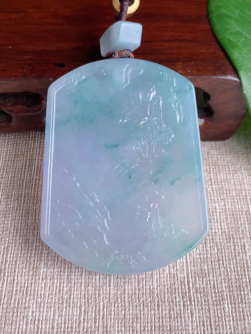 缅甸a货翡翠ddj老坑冰种紫罗兰飘花意境山水牌吊坠 整体52.7×40×5.3mm 39.00