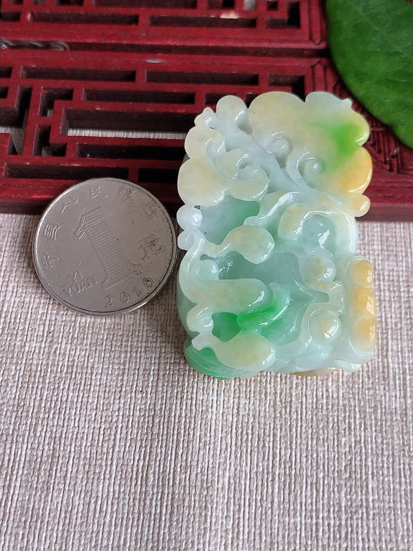 缅甸a货翡翠ddj老坑冰润黄加绿双彩招财貔貅吊坠 整体45×31×16.5mm 57.14