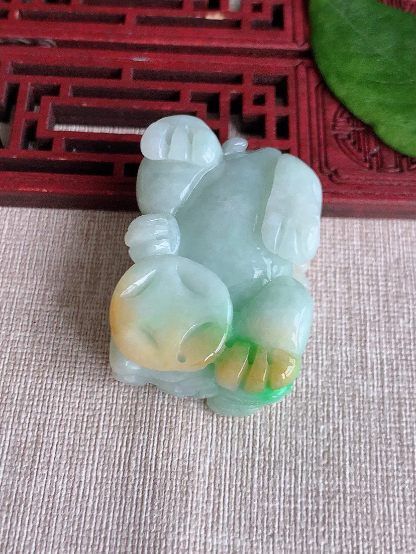 缅甸a货翡翠ddj老坑冰润黄加绿双彩招财貔貅吊坠 整体45×31×16.5mm 57.14