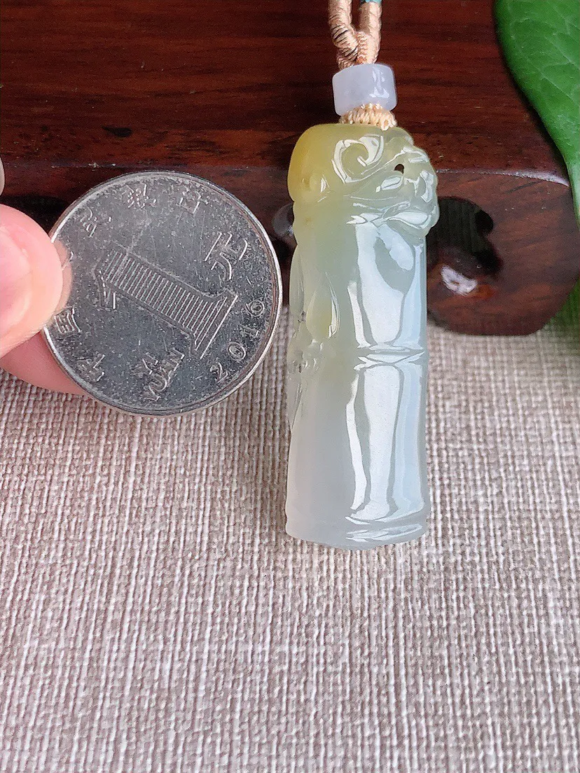 缅甸a货翡翠ddj老坑冰种飘黄翡竹节节节高升吊坠 整体42.3×14.5×5.6mm 9.80
