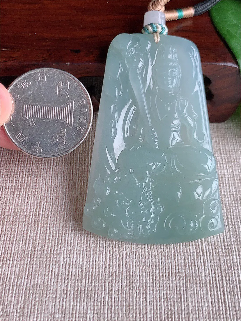 缅甸a货翡翠ddj老坑冰种晴底文殊菩萨吊坠 整体58.6×37.5×5.3mm 30.40