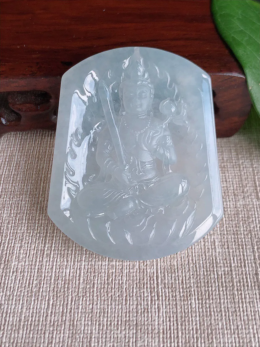 缅甸a货翡翠ddj老坑冰种白月光一刀切虚空藏菩萨吊坠 整体52.3×42.8×5.5mm 28.60