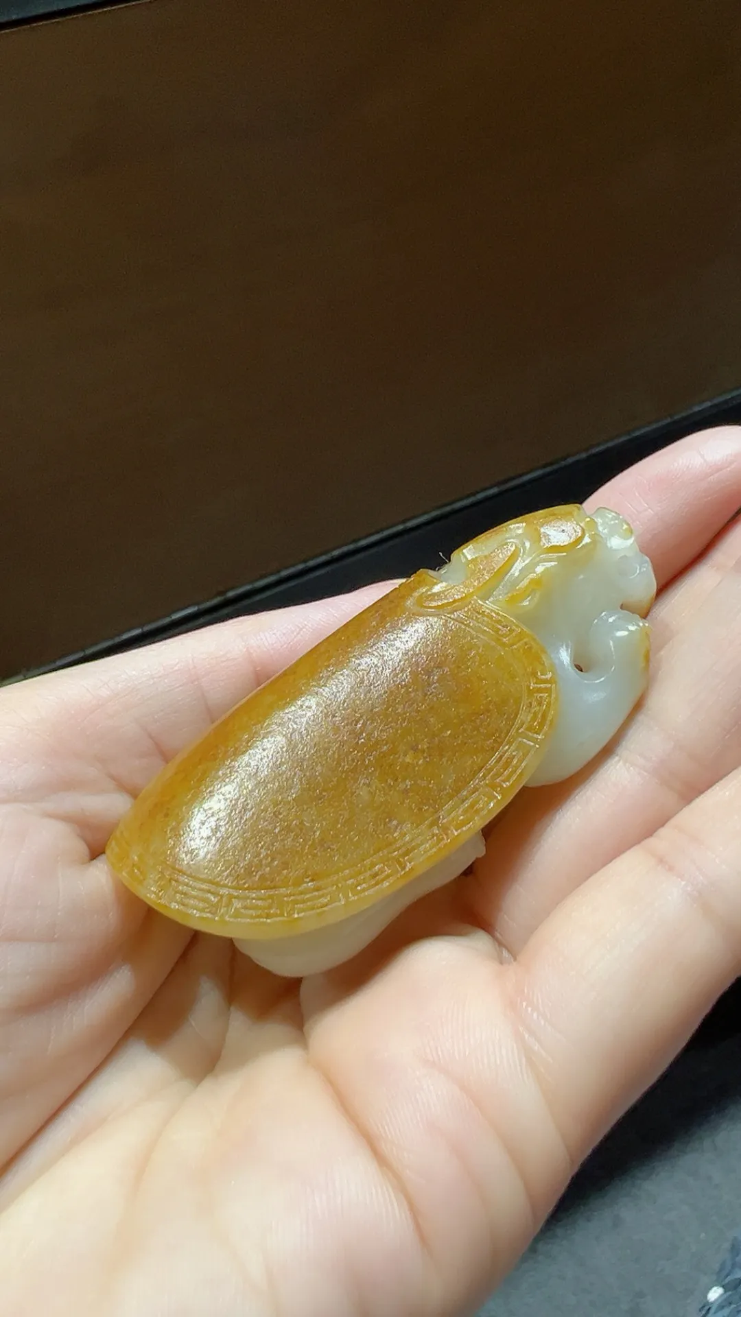 籽料｜满黄皮龙龟
推荐 料子细油 皮色醇厚老熟 

重66.6克 尺寸64*32*25m m