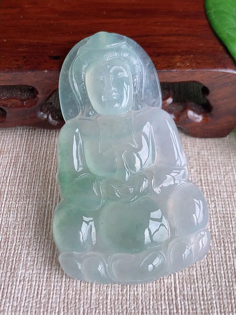 缅甸a货翡翠ddj老坑冰种晴水正装观音吊坠 整体61×36×5.6mm 21.20