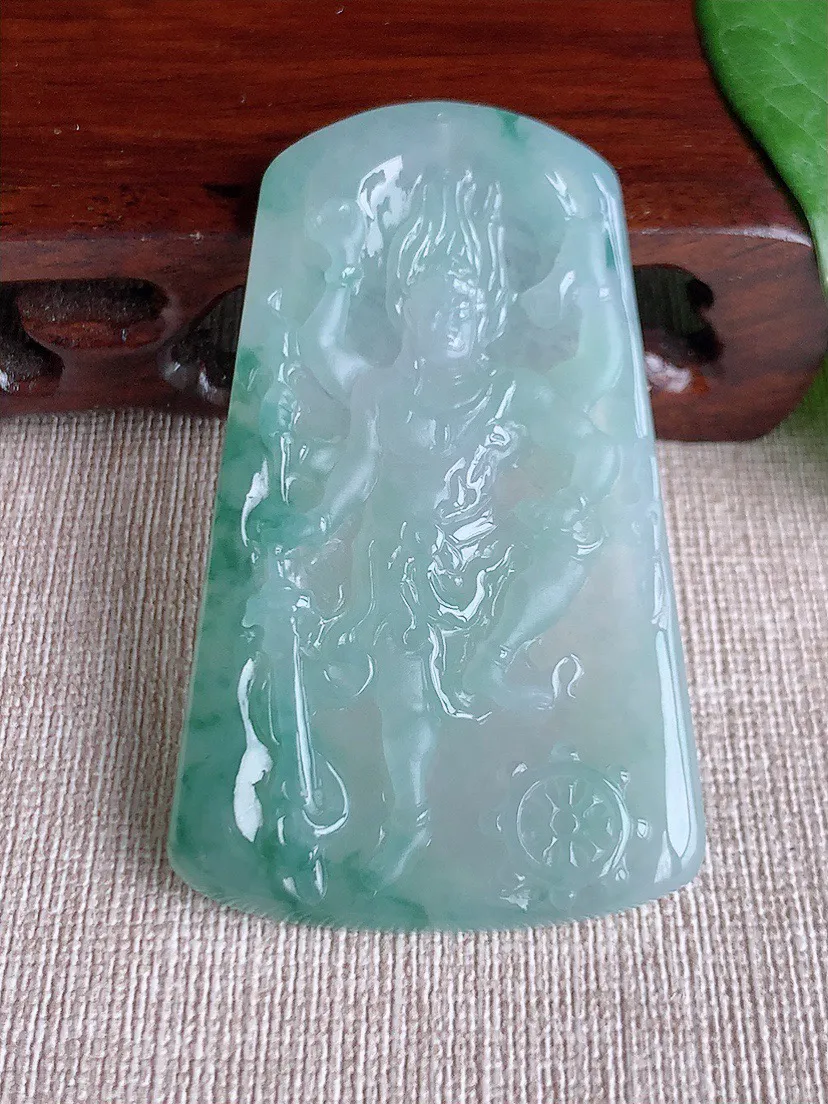 缅甸a货翡翠ddj老坑冰种飘花不动明王吊坠 整体63.4×38.5×5.3mm 26.58