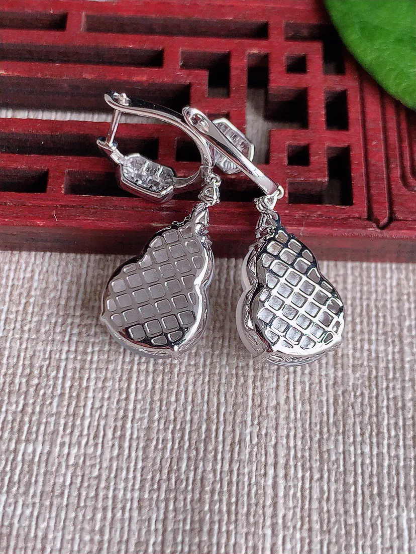 缅甸a货翡翠ddj老坑冰种18K金镶嵌白月光葫芦耳坠 整体14.5×11×6.5mm 5.72