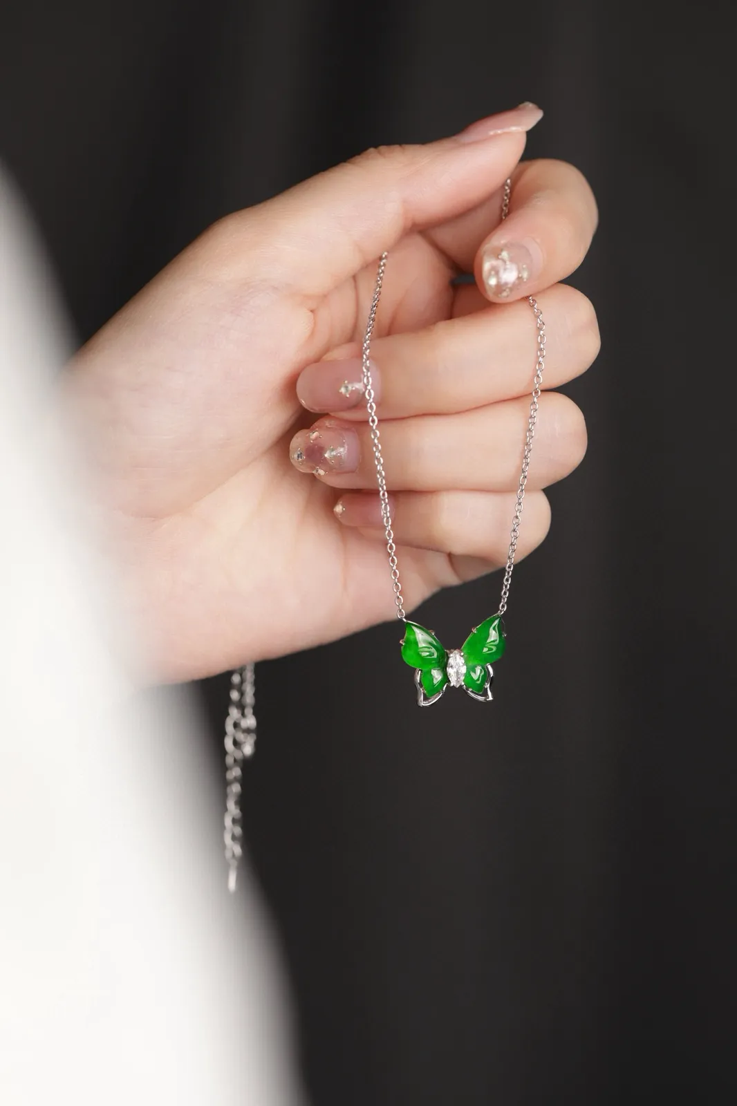 天然满绿翡翠蝶翎纯银项链