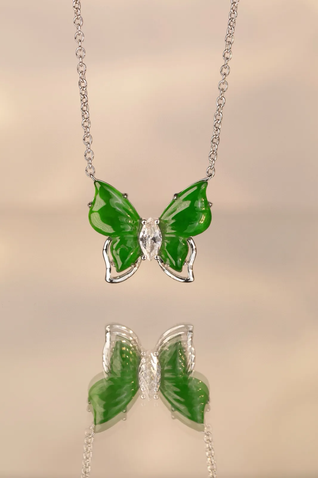 天然满绿翡翠蝶翎纯银项链
