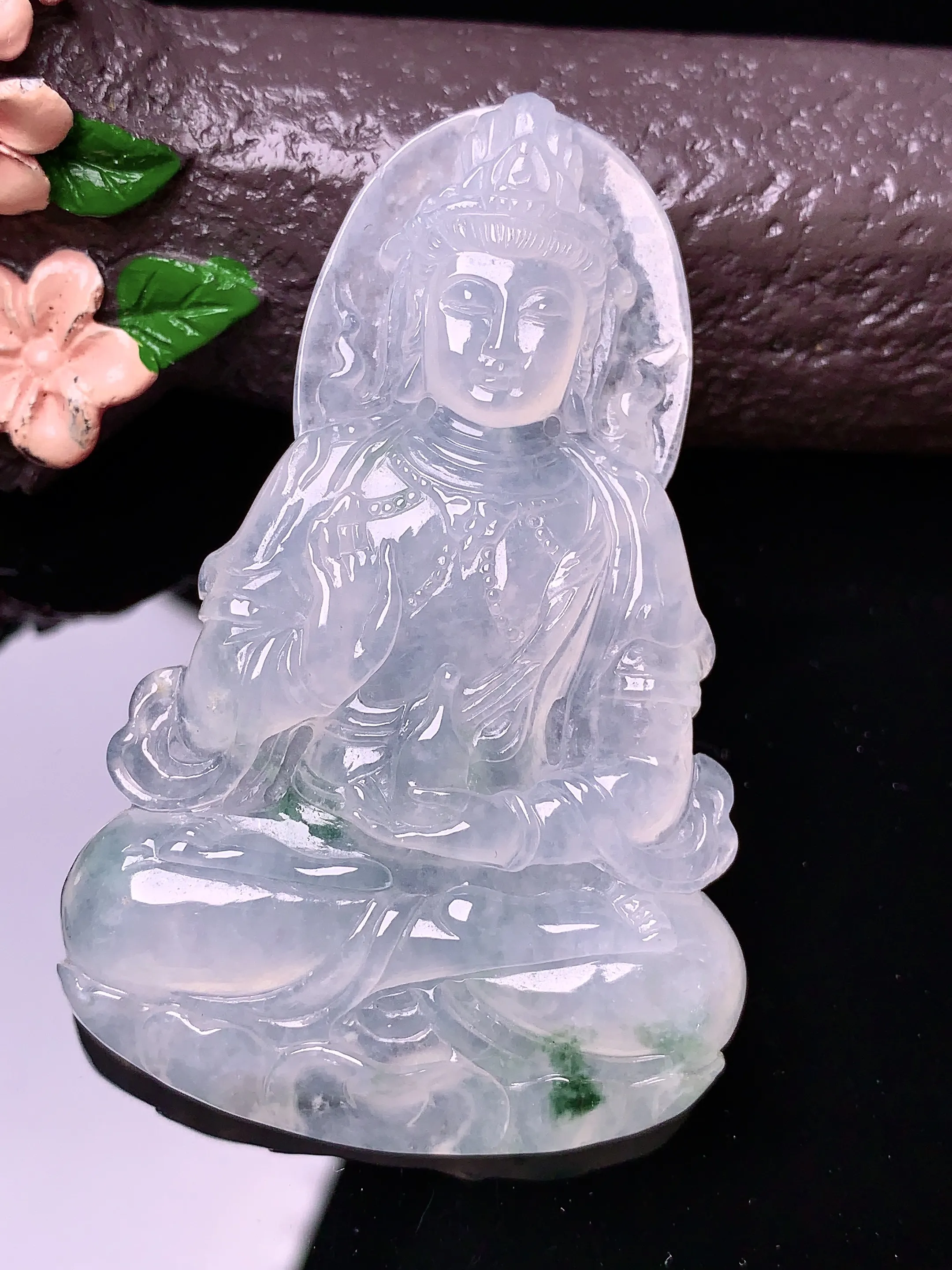 冰种度母观音吊坠 玉质细腻 色泽艳丽 整体尺寸60.5*39*6.5