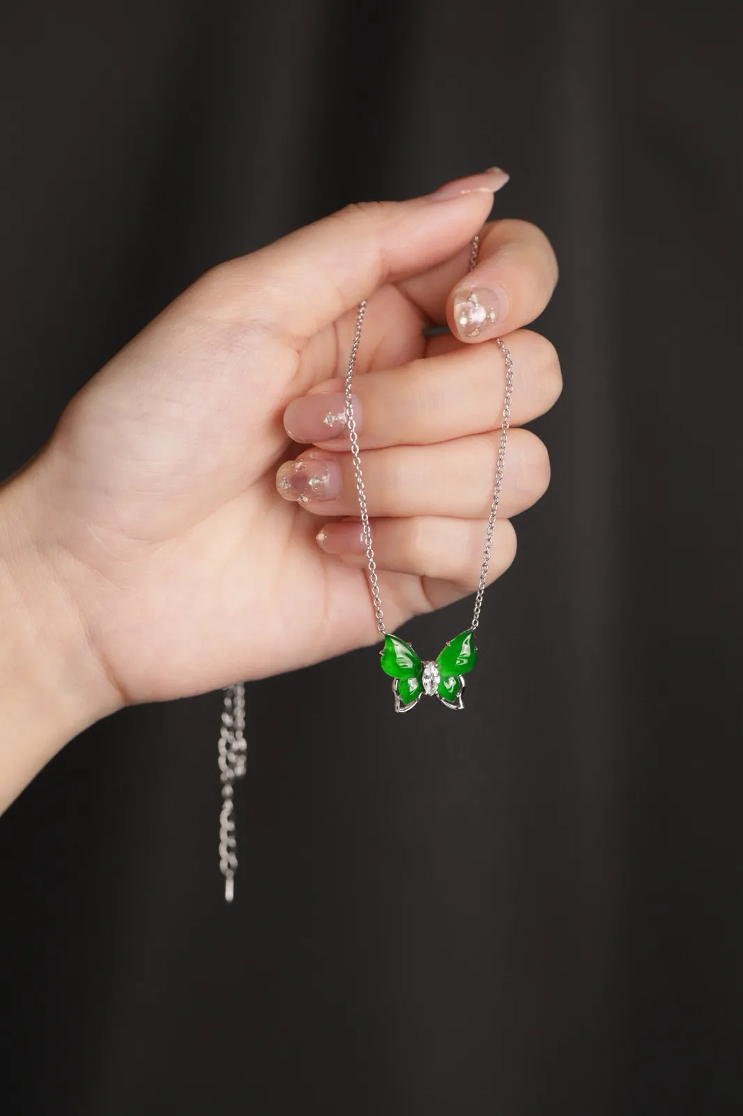 天然满绿翡翠蝶翎纯银项链