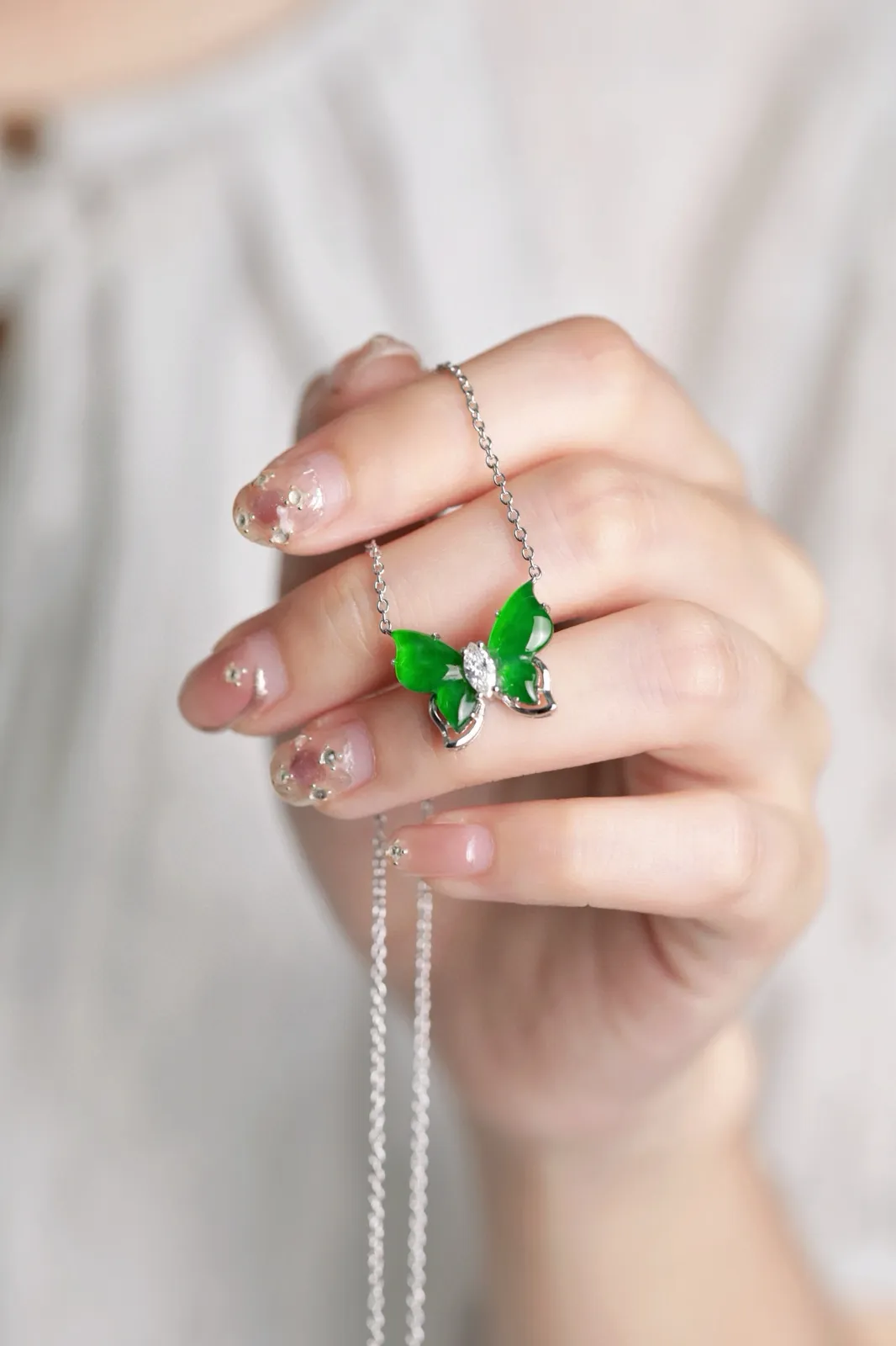 天然满绿翡翠蝶翎纯银项链