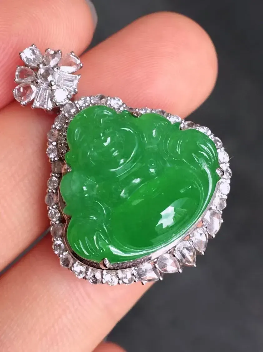 冰种阳绿佛公吊坠、真金真钻镶嵌，种水好，玉质细腻 .裸石尺寸 19.8*17.7*