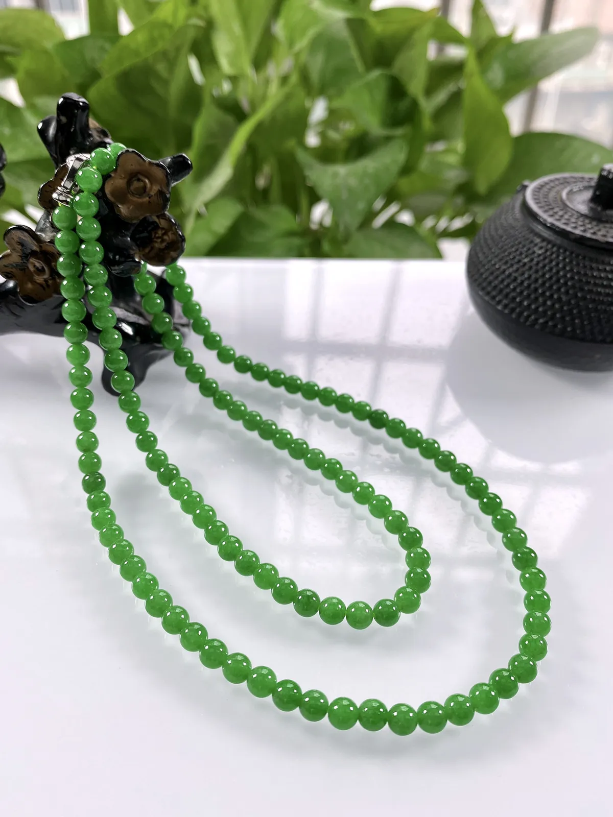 收藏级别，缅甸天然翡翠A货，卡5冰种起胶满绿浓阳绿圆珠项链手链，尺寸：5mm/126颗，长度610mm，重量：26.78g