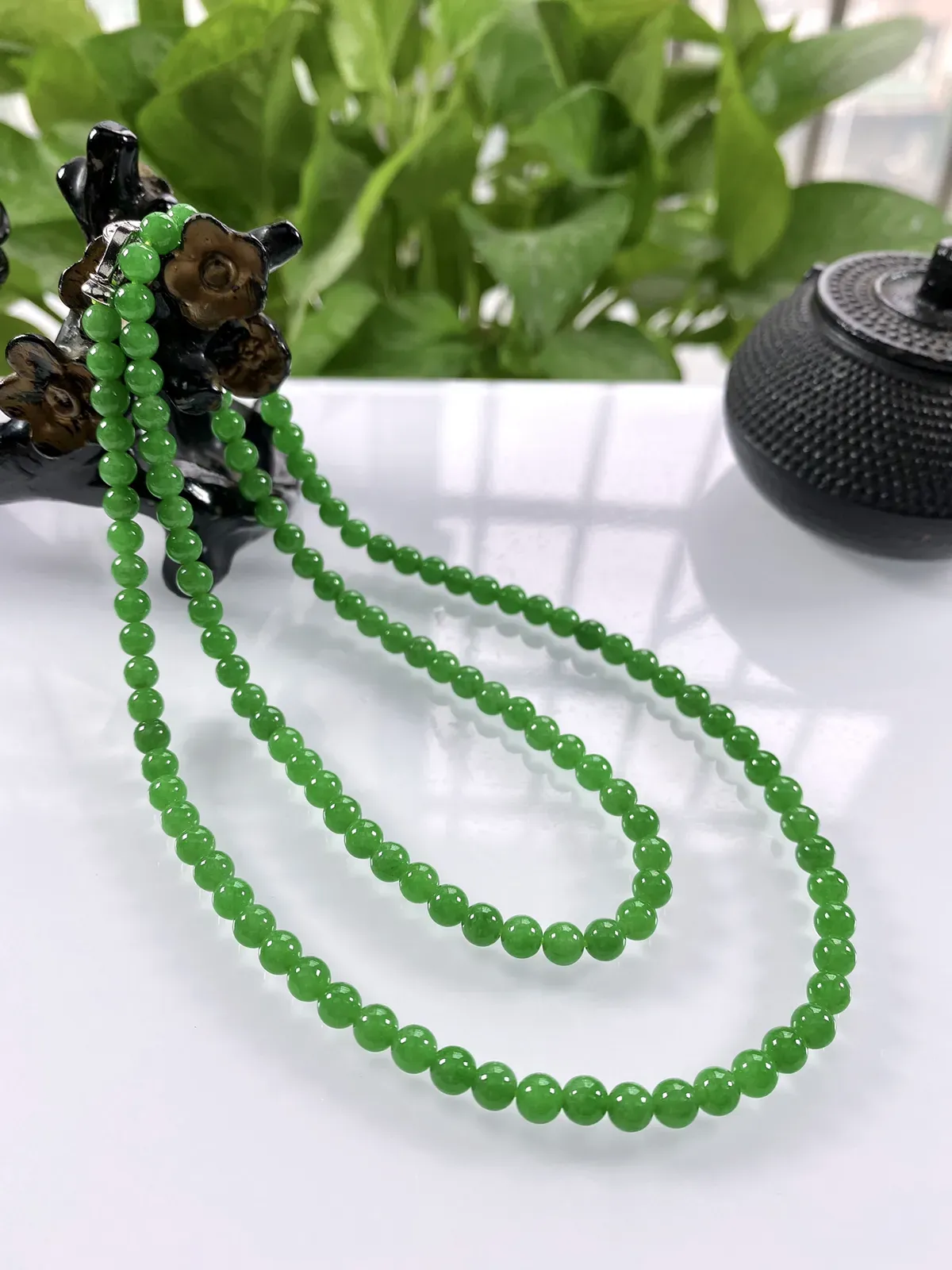 收藏级别，缅甸天然翡翠A货，卡5冰种起胶满绿浓阳绿圆珠项链手链，尺寸：5mm/126颗，长度610mm，重量：26.78g