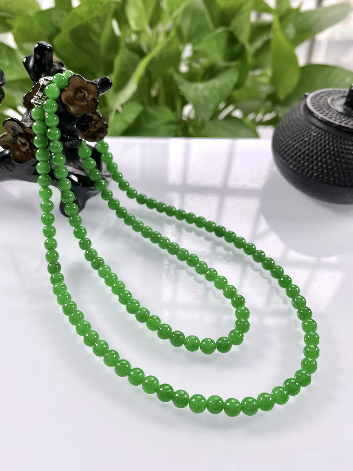 收藏级别，缅甸天然翡翠A货，卡5冰种起胶满绿浓阳绿圆珠项链手链，尺寸：5mm/126颗，长度610mm，重量：26.78g