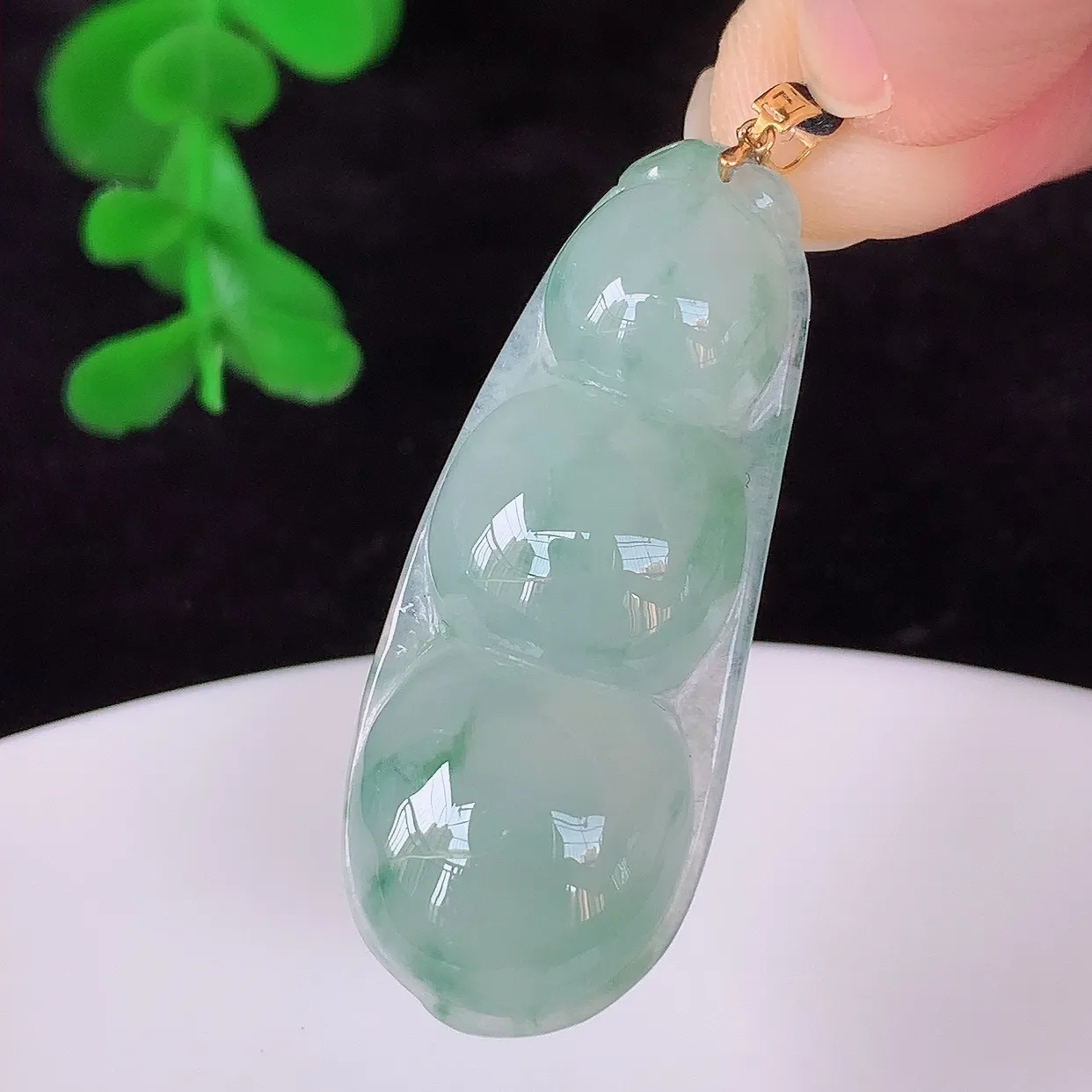 自然光实拍，18K金镶嵌冰飘花翡翠四季豆吊坠，平安豆福豆玉坠，冰润通透，豆粒饱满，寓意：豆蔻年华！#49.20