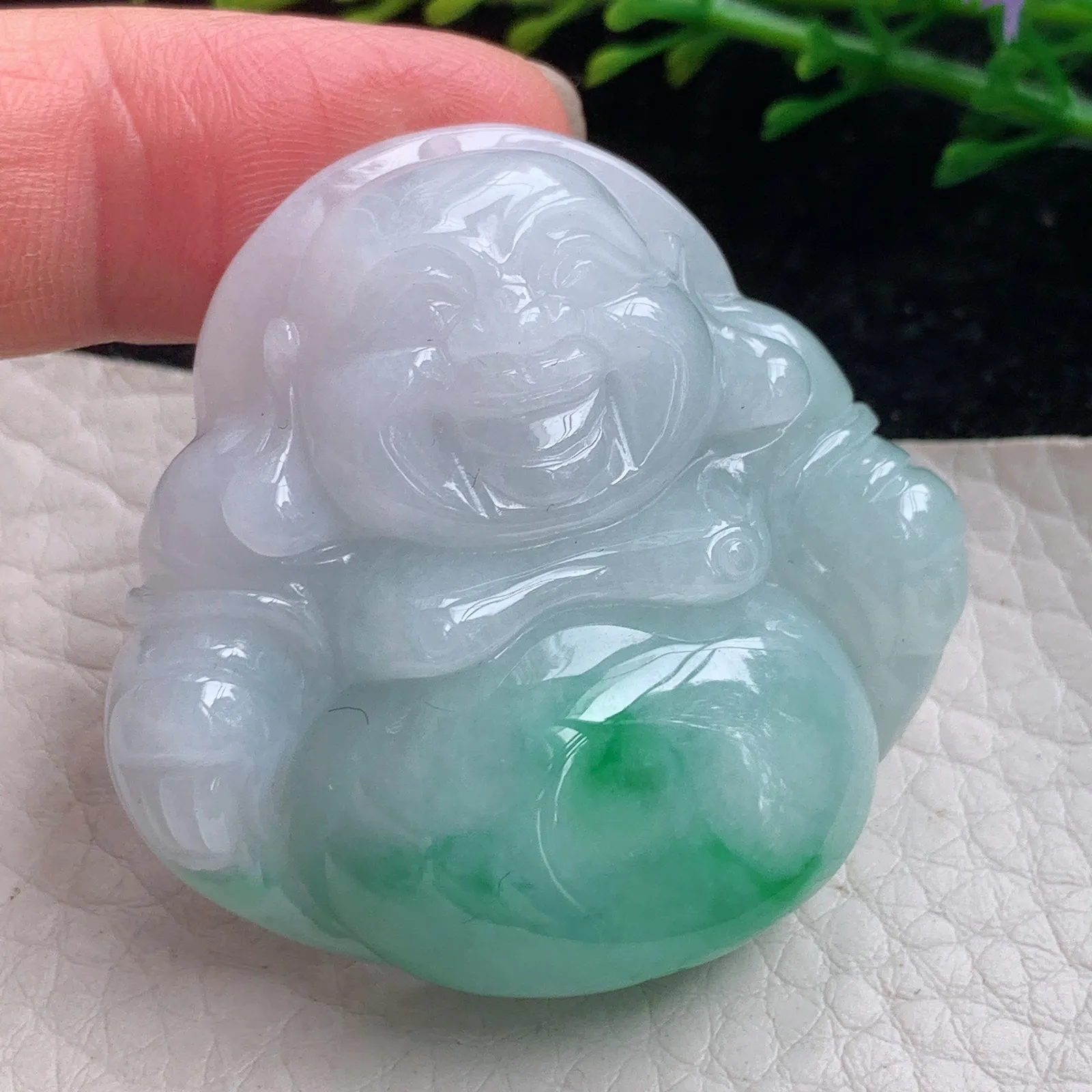 Zen实拍40.5*43*12.5缅甸翡翠飘绿花开心佛 翡翠玉佛玉吊坠 玉挂件