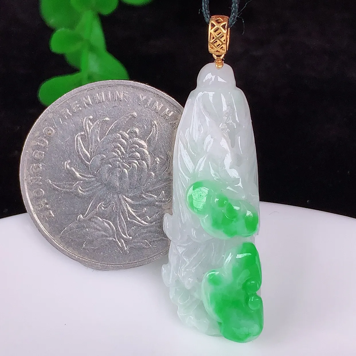 自然光实拍，18K金镶嵌冰润冰糯种飘阳绿翡翠招百财白菜吊坠，百财聚来，财源滚滚，色泽鲜艳，精工水润的白菜，性价比高！#1.22