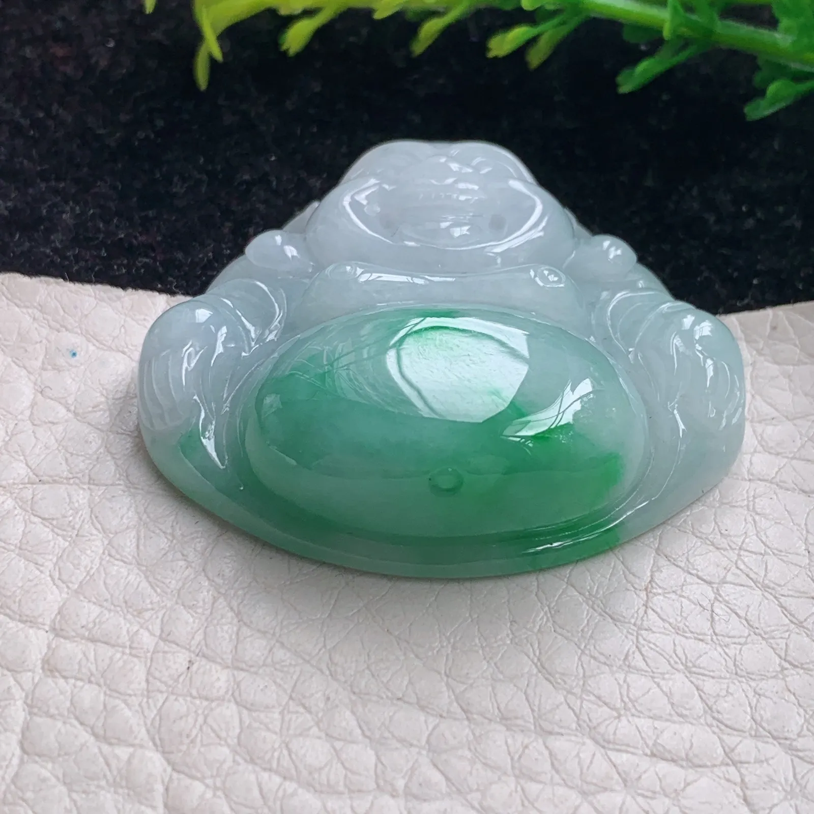 Zen实拍40.5*43*12.5缅甸翡翠飘绿花开心佛 翡翠玉佛玉吊坠 玉挂件