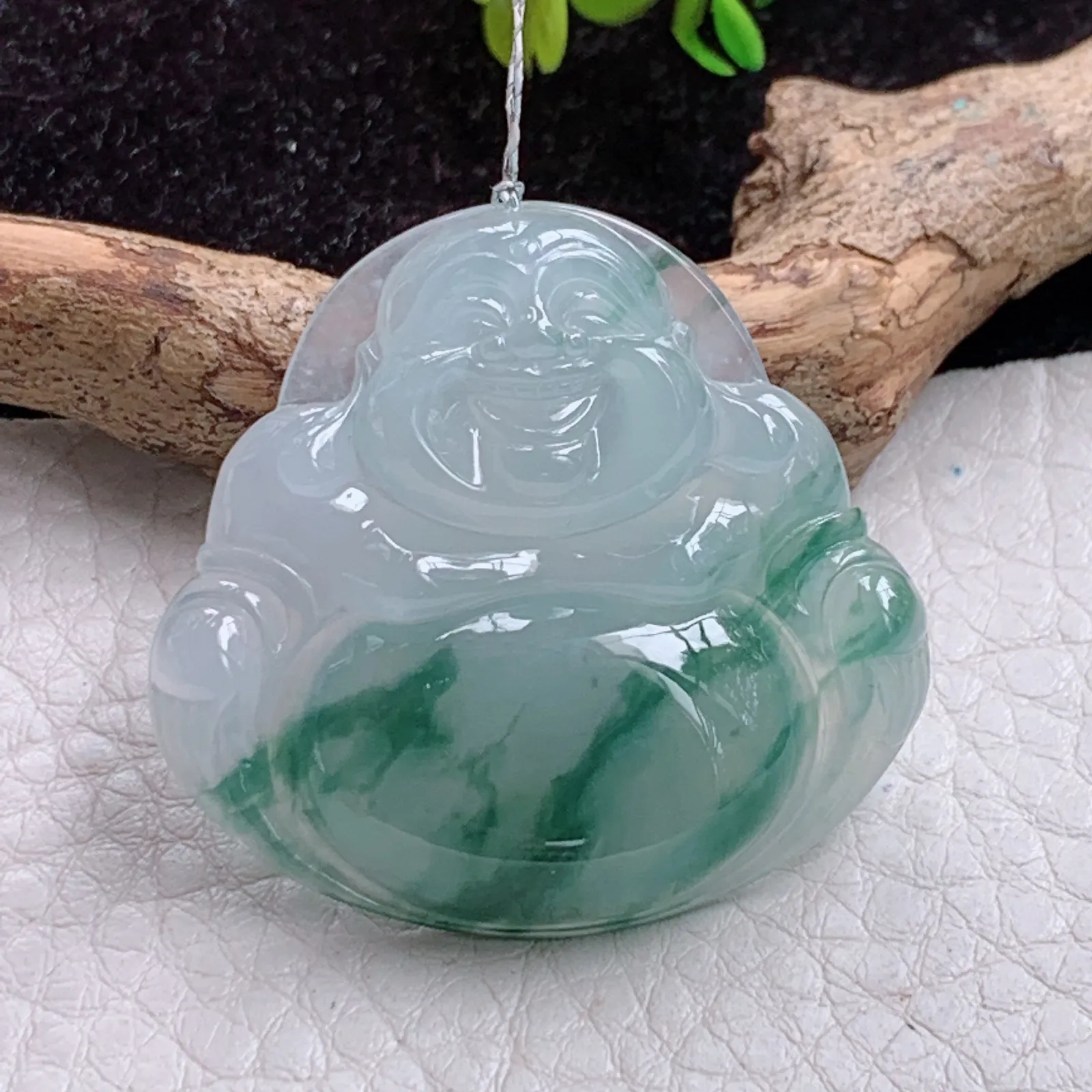 qxm实拍35*37.5*6.3缅甸翡翠冰飘花饱满大佛公 开心佛 玉佛玉吊坠 玉挂件